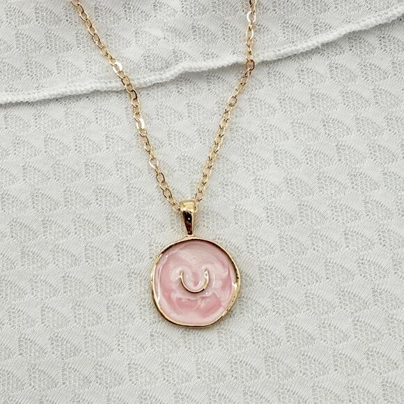 Pink U Gold-Colored Coin Necklace, Round Pendant, Chain Minimalist Jewelry - Picture 1 of 3